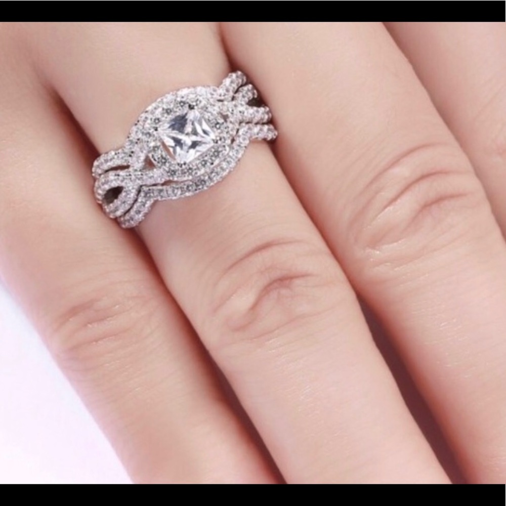 💝 Incredible Round/Princess Cut White Zircon 925 3 Ring Wedding Set!